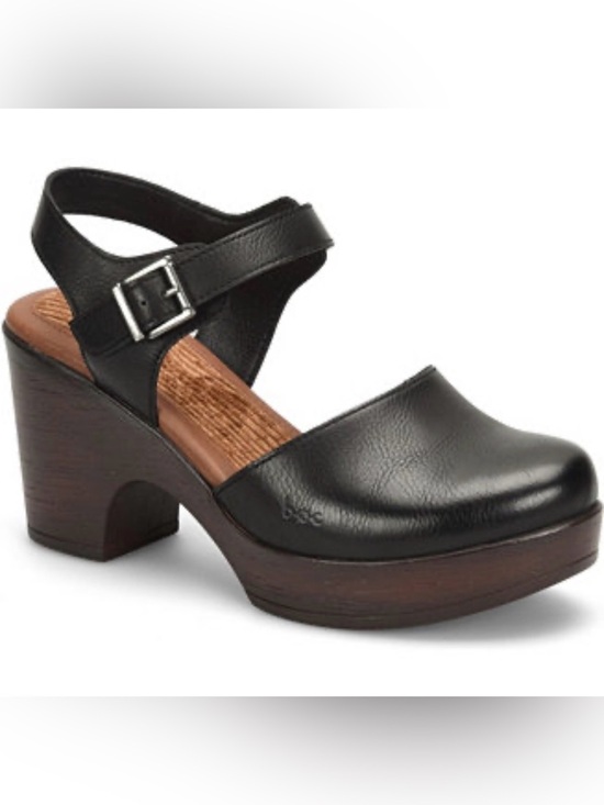 b.o.c. Shoes - b.o.c. Black Leather Wedge Clog with Ankle Strap